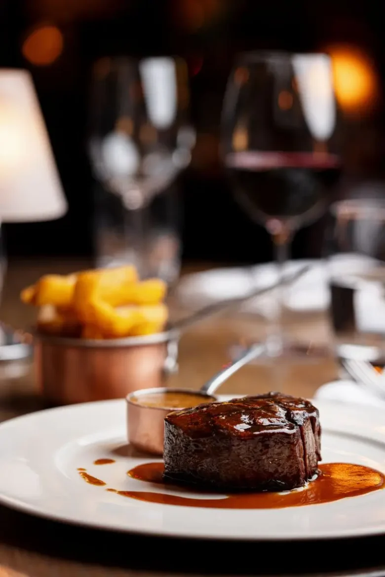 Irish fillet steak with pepper sauce, frites and red wine at Marco Pierre White Steakhouse & Grill Dublin 2
